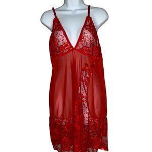 Sz.XL*Red Floral Lace & Mesh Chemise Nightie--Semi-Sheer